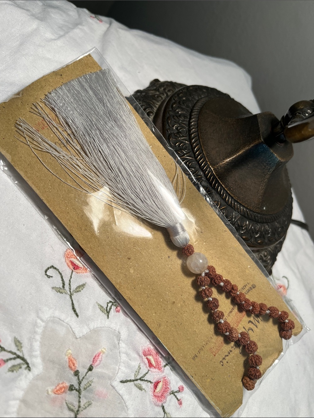 NEW Mala Handcrafted Grey Tassel Mala Necklace with Rudraksha Beads